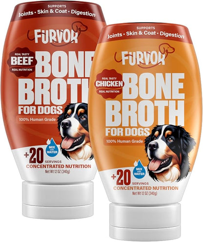 Chicken and Beef Bone Broth for Dogs - Collagen Protein Supplement for Digestion, Mobility, Coat, Healthy Dog Food Topper, Human Grade Meal Boost Gravy, Just Add Water, 12 oz, 2 Pack