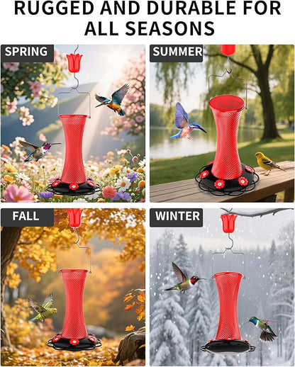 Hanging 20oz Glass Hummingbird Feeder with Moat, Small Outdoor Plastic Bird Feeder, Squirrel Proof, Ants, Outside Water Dispenser for Garden (Red Glass Bird Feeder-2)