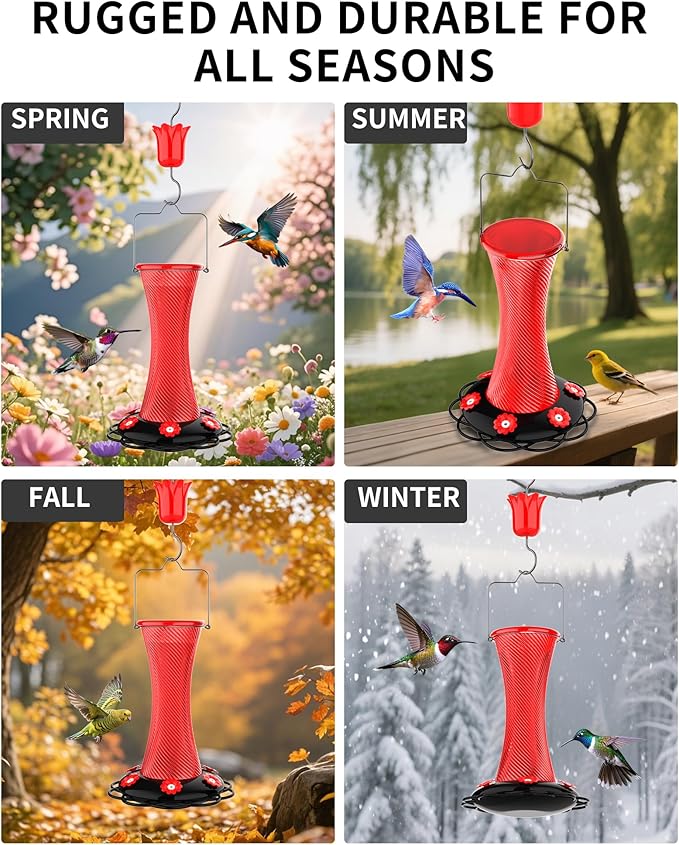 Hanging 20oz Glass Hummingbird Feeder with Moat, Small Outdoor Plastic Bird Feeder, Squirrel Proof, Ants, Outside Water Dispenser for Garden (Red Glass Birdfeeder)