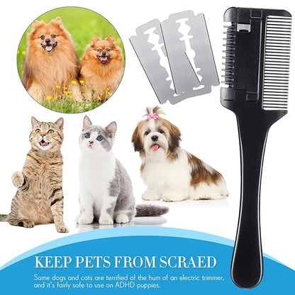 3 Pcs Pet Grooming Razor Comb with 50 Replacement Blades - Double Sided Hair Trimmer, Cutter and Scissors Tool for Dogs and Cats(Black)