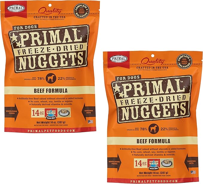 Primal Freeze Dried Raw Dog Food Nuggets, Beef, Complete & Balanced Meal, Also Use as Topper or Treat, Premium, Healthy, Grain Free, High Protein Raw Dog Food, 14 oz (Pack of 2)