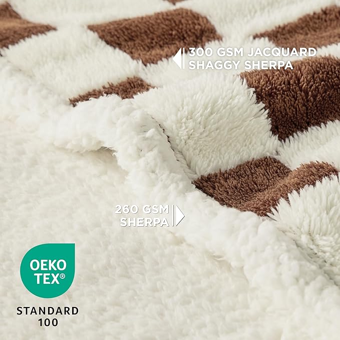 Lesure Waterproof Dog Blanket for Large Dogs - Washable Double Sided Dog Blankets with Warm Jacquard Shag and Soft Sherpa Fleece, Pet Cat Blanket for Couch Protection, 3D Textured Checks, Brown