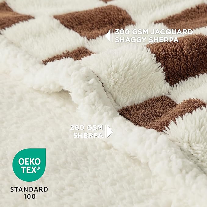 Lesure Waterproof Dog Blanket for Large Dogs - Washable Double Sided Dog Blankets with Warm Jacquard Shag and Soft Sherpa Fleece, Pet Cat Blanket for Bed Protection, 3D Textured Checks, Brown