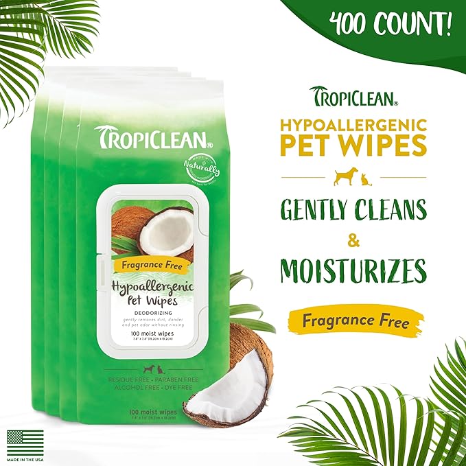 TropiClean Hypoallergenic Dog Wipes for Paws and Butt | Fragrance Free Dog Grooming Wipes | Safe for The Face | Puppy & Cat Friendly | 400 Count