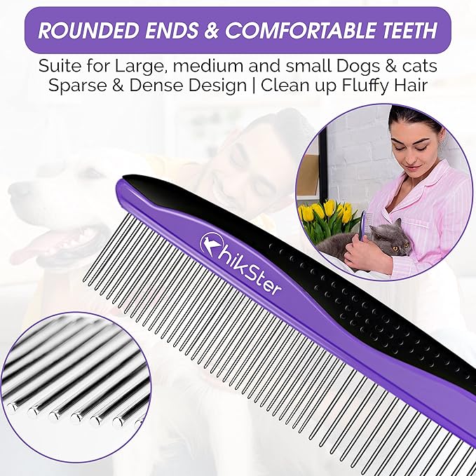 Dog Comb for Grooming Pet Comb with Stainless Steel Rounded Teeth Rubber Handle for Large Medium & Small Cat Comb Removes Knots & Tangled Hair