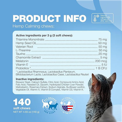 Cat Calming Treats - Probiotic Melatonin Soft Chews for Cat Anxiety Relief - Calming Chews for Stress, Storms, Travel, Grooming, Separation Anxiety - Behavioural Support
