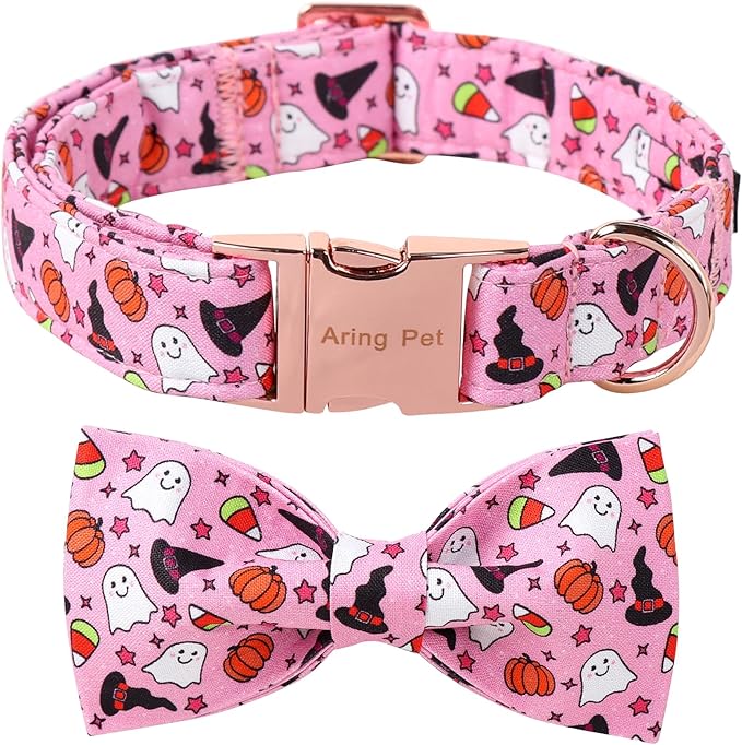 ARING PET Halloween Dog Collar-Cotton Pink Pumpkin Dog Collar with Bow, Adjustable Halloween Themed Bowtie Dog Collars Pet Necklace with Metal Buckle for Girl&Boy Dogs