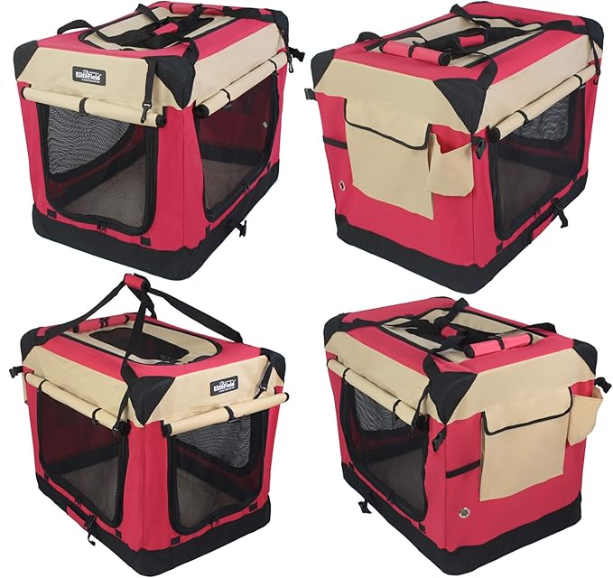 EliteField 4-Door Folding Soft Dog Crate with Curtains, Carrying Bag and Fleece Bed (2 Year Warranty), Indoor & Outdoor Pet Home (30" L x 21" W x 24" H, Red+Beige)
