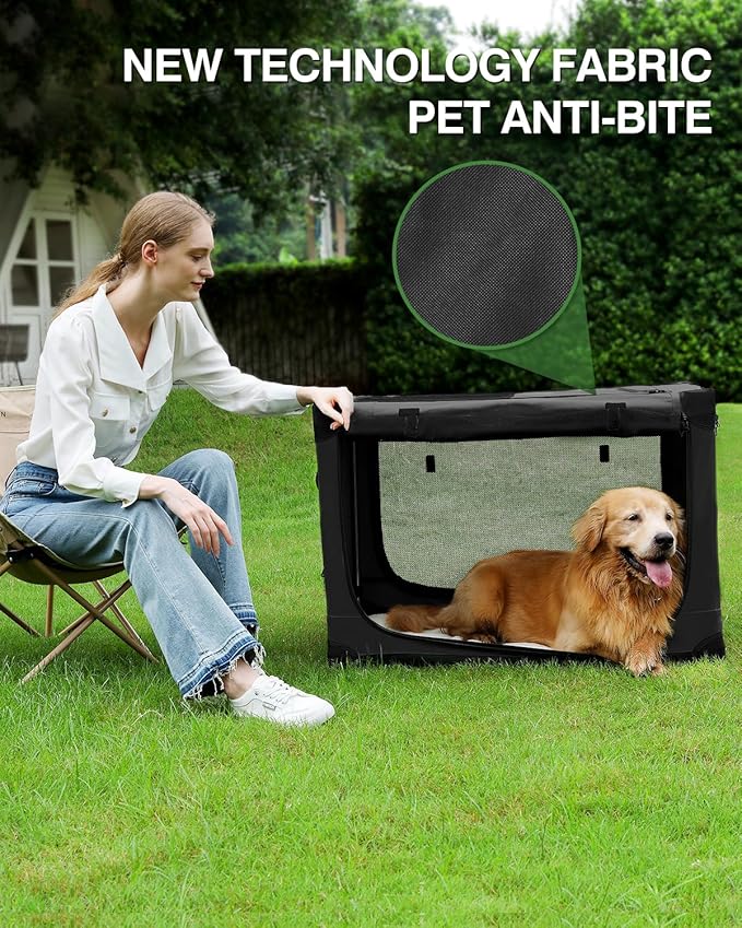 30 Inch Collapsible Travel Dog Crate for Medium Large Dogs, Portable Dog Crate 4-Door Foldable Soft Kennel with Chew-Proof Mesh Windows for Indoor & Outdoor Travel,with Storage Bag,Black