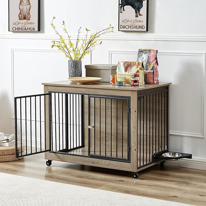 Dog Crate Furniture Heavy Duty Dog Kennel, 38 inch Indoor Double Doors Dog Cage for Small/Medium Dogs Up to 65lb, Decorative Dog Cage End Table with Rotatable Feeding Bowl