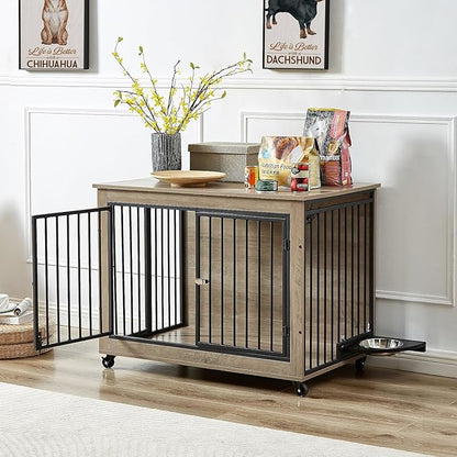 Dog Crate Furniture Heavy Duty Dog Kennel, 38 inch Indoor Double Doors Dog Cage for Small/Medium Dogs Up to 65lb, Decorative Dog Cage End Table with Rotatable Feeding Bowl