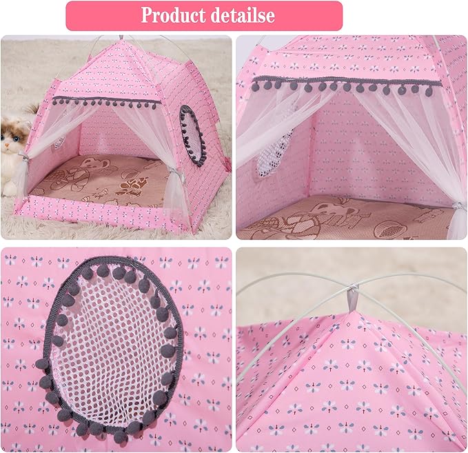 Gigreinc Cat Princess Indoor Tent House Pet Dog Cute Floral Cave Nest Bed Portable Dog Tents (M:38x38x36cm/15x15x14inch, Floral Pink)