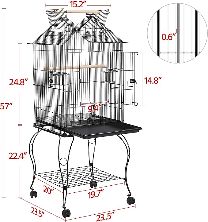 Yaheetech 57-Inch Rolling Open Top Roof Bird Cage for Mid-Sized Parrots Cockatiels Caique Quaker Monk Indian Ring Neck Green Cheek Conure Middle Bird Cage with Detachable Stand