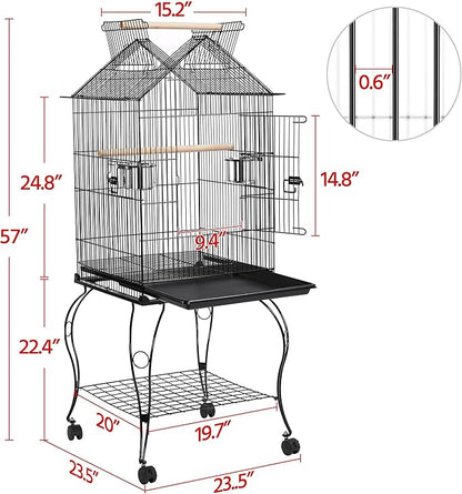 Yaheetech 57-Inch Rolling Open Top Roof Bird Cage for Mid-Sized Parrots Cockatiels Caique Quaker Monk Indian Ring Neck Green Cheek Conure Middle Bird Cage with Detachable Stand
