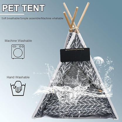 Pet Teepee, Portable Pet Tents for Small Dogs or Cats, Puppy Sweet Bed Washable Dog or Cat Houses with Cushion(Grey,24")