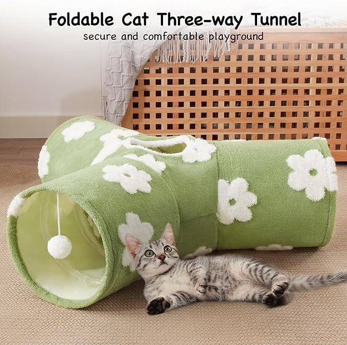 Tempcore Flannel Pet Cat Tunnel Tube Cat Toys 3 Way Collapsible, Cat Tunnels for Indoor Cats，Kitty Tunnel Bored Pet Toys Peek Hole Toy Ball Puppy, Kitty, Kitten, Rabbit Daisy Green
