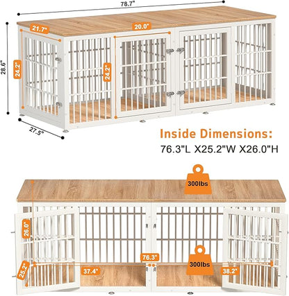 78 Inch Double Dog Crate Furniture, Heavy Duty Extra Large Cage Furniture with Divider for 2 Dogs, Decorative Wooden Kennel Indoor, Pet House for Large and Medium Dogs, White