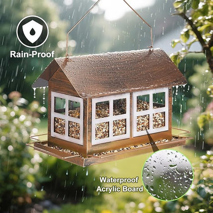 Bird Feeders, Heavy Duty Metal Bird Feeder for Outdoors Hanging, Weatherproof Large Capacity Wild Birdfeeder for Outside Garden Yard, Country House Shape (Double Window)