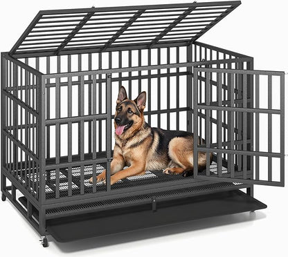 48/42/38 Inch Heavy Duty Indestructible XL Dog Crate Steel Escape Proof, Indoor Double Door High Anxiety Cage, Removable Tray, Kennel with Wheels, Extra Large XXL