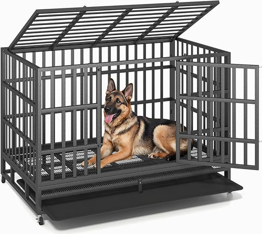 48/42/38 Inch Heavy Duty Indestructible XL Dog Crate Steel Escape Proof, Indoor Double Door High Anxiety Cage, Removable Tray, Kennel with Wheels, Extra Large XXL