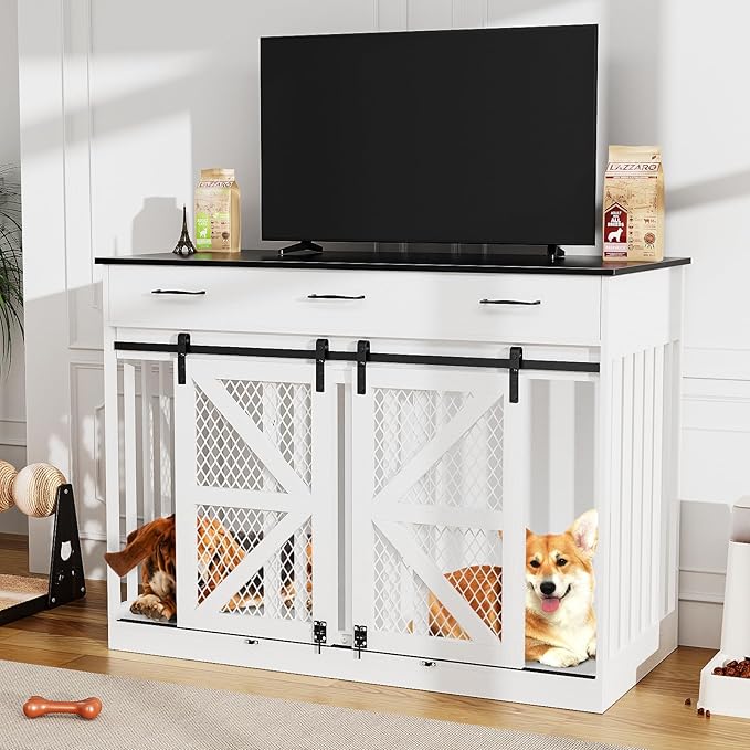 48'' Large Dog Crate Furniture with Divider and 3 Drawers, Wooden Double Dog Cage TV Stand with 2 Sliding Barn Doors, Extra Large Dog Cage Table, Sturdy Dog Kennel Indoor(White)