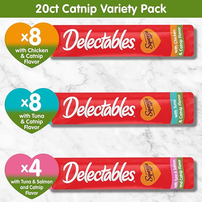 Delectables Squeeze Up Catnip Variety Pack, Creamy Squeezable Puree, Lickable Wet Cat Treats, Grain Free, No Added Fillers, No by-Products, No Added Preservatives, 0.5 Ounces Tube, 20 Tubes Total