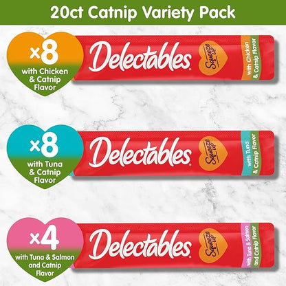 Delectables Squeeze Up Catnip Variety Pack, Creamy Squeezable Puree, Lickable Wet Cat Treats, Grain Free, No Added Fillers, No by-Products, No Added Preservatives, 0.5 Ounces Tube, 20 Tubes Total