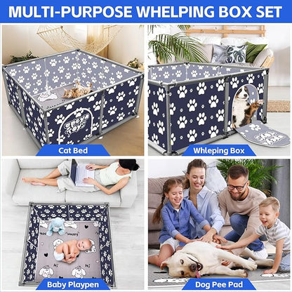 2025 Upgraded Whelping Box for Dogs,24.8’’Extra Tall Dog Whelping Pen with Whelping Pad,Dog Whelping Supplies for Large Small Breed Dogs(47" Dia.x24.8 H) (Dark Blue)