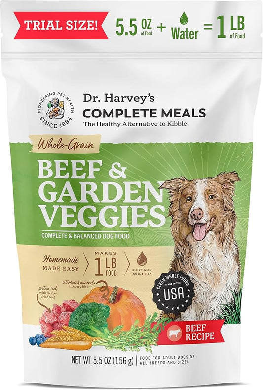 Dr. Harvey's Beef & Garden Veggies Dog Food, Human Grade Whole-Grain Dehydrated Dog Food with Freeze-Dried Beef (5.5 Ounces, Trial Size)