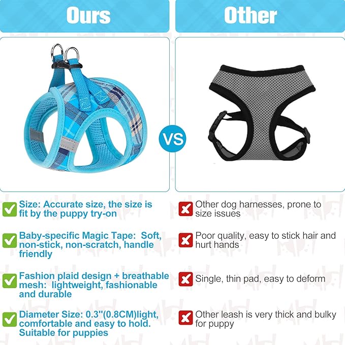 BEAUTYZOO Small Dog Harness and Leash Set,Step in No Chock No Pull Soft Mesh Dog Harnesses Reflective for Extra-Small/Small Medium Puppy Dogs and Cats, Plaid Dog Vest Harness for XS S Pets, Blue XXS
