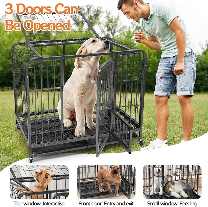 36 inch Metal Dog Crate, Dog Cage Medium Sized Dog, Heavy Duty Wire Dog Crate, High Anxiety Dog Cage Large Dogs Safe & Comfortable, Dog Kennel Indoor, Removable Cleaning Tray, 2 Lockable Wheels