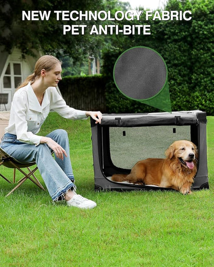 30-Inch Collapsible Travel Dog Crate, Portable 4-Door Soft Kennel for Medium to Large Dogs, Chew-Proof Mesh Windows, Indoor/Outdoor Use, Foldable, with Storage Bag (Grey)