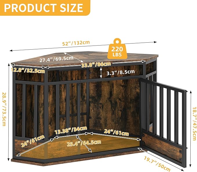 YITAHOME 52 Inch Corner Dog Crate Furniture, Heavy Duty Dog Kennel Indoor Furniture End Table Side Table Dog Crate, Modern Indoor Pet Crate Wooden Dog Crate for Large Dogs, Rustic Brown