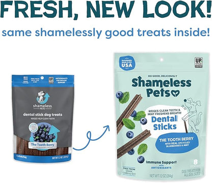 Shameless Pets Toothberry Dental Chews for Dogs – Natural Dog Dental Sticks for Fresh Breath, Teeth Cleaning & Removes Tartar, Grain-Free Dog Treats, No Corn or Soy