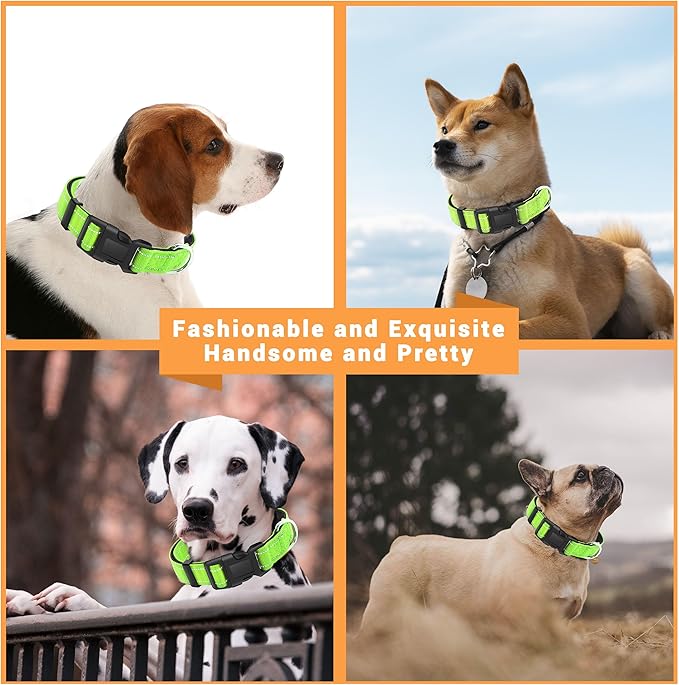 2 Pack Reflective Dog Collar with Safety Locking Buckle, Adjustable Soft Breathable Comfortable Nylon Pet Collar for Small, Medium and Large Dogs, Green, L