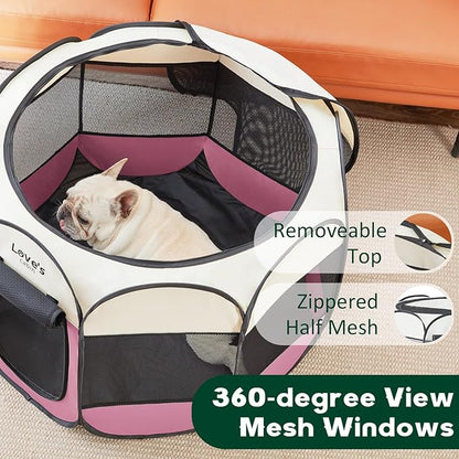 Love's cabin Pet Puppy Dog Playpen, Medium Dog Tent Crates Cage Indoor/Outdoor, Portable Playpen for Cat, Foldable Pop Up Dog Kennel Playpen with Carring Case, Removable Zipper Top, Pink
