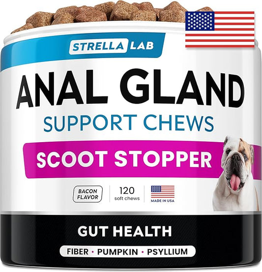 STRELLALAB Anal Gland Support Chews - Scoot Treatment - Digestive Enzymes, Prebiotics & Fiber Supplement for Dogs Digestion & Gut Health. Proprietary Blend of Beet, Psyllium, Dandelion & Pumpkin 120Ct