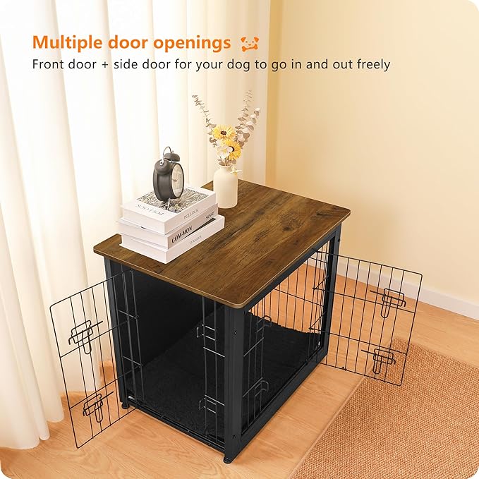 DWANTON Dog Crate Furniture with Cushion, Wooden Dog Crate with Double Doors, Dog Furniture, Dog Kennel Indoor for Small Dogï¼_nd Table, 27.2" L, Black+Warm Brown