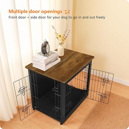 DWANTON Dog Crate Furniture with Cushion, Wooden Dog Crate with Double Doors, Dog Furniture, Dog Kennel Indoor for Small Dogï¼_nd Table, 27.2" L, Black+Warm Brown