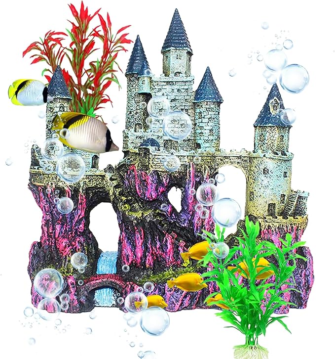 Aquarium Castle Decor, Resin Castle for Fish Tank with Randomly Color Plants Decorations Accessories for Freshwater and Saltwater Fish Tanks