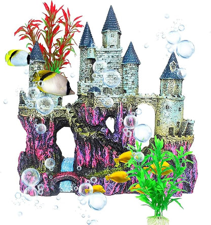 Aquarium Castle Decor, Resin Castle for Fish Tank with Randomly Color Plants Decorations Accessories for Freshwater and Saltwater Fish Tanks