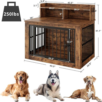 IRONCK Dog Crate Furniture, 43.3 inches Wooden Large Dog Crate with Storage and 4 Hooks, Heavy Duty Pet Crate for Large Dog, Decorative Pet Cage for Indoor (30" L x 43.3" W x 41.1" H)