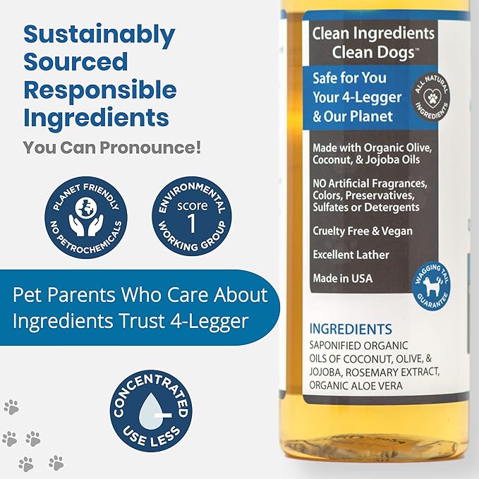 Organic Natural Dog Shampoo, Hypoallergenic Dog Shampoo, Puppy Safe Coconut Shampoo, Sensitive Skin, Fragrance Free with Aloe for Soothing Relief of Dry, Itchy, Sensitive Allergy Skin 16 oz