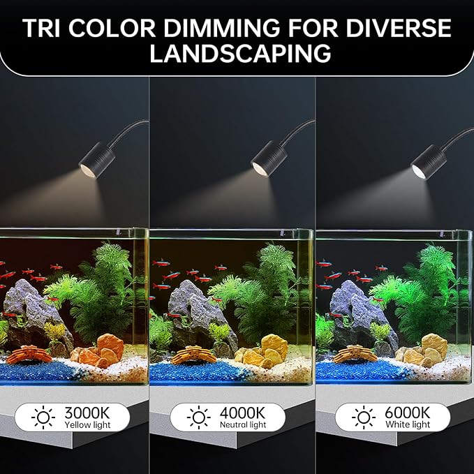 LED Aquarium Light, 4W Clip-on Fish Tank Lamp, 3 Colors, 17.8 Inch Flexible Arm, Full Spectrum for Plants and Coral