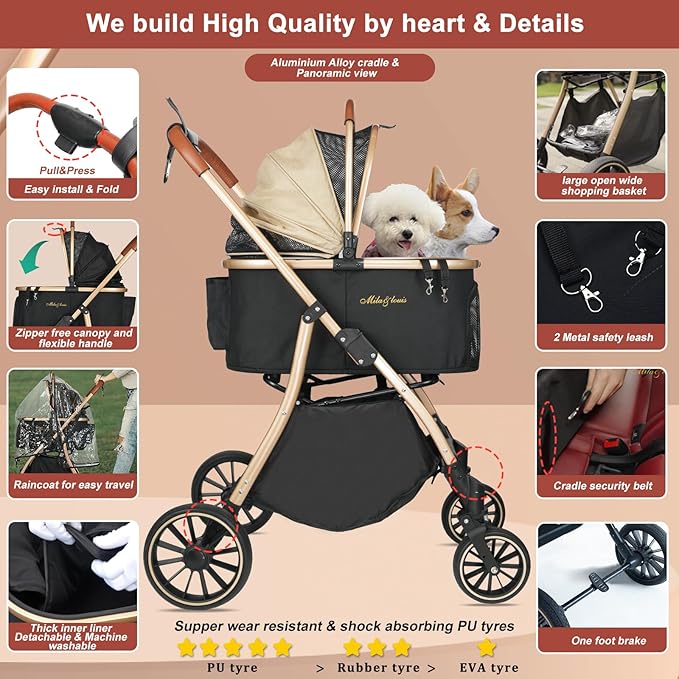 MILA&LOUIS Dog Stroller for Medium Dogs, Pet Stroller for Small Dogs with 4 Large Upgraded Wheel, Dog Strollers with Rain Cover, Cup Holder, Hook, Sturdy Puppy Stroller with Detachable Aluminum Cradle