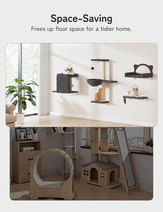 Cat Wall Shelves 5-in-1 Modern Climbing Wall Furniture Set for Cats with Scratching Posts, Cat Bed & Sofa, Space-Saving Perch for 16" Drywall, Gray
