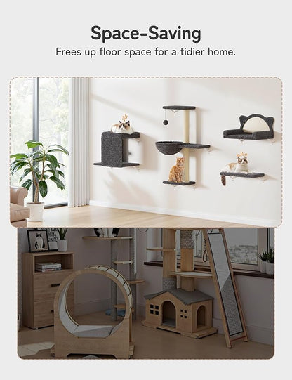 Cat Wall Shelves 5-in-1 Modern Climbing Wall Furniture Set for Cats with Scratching Posts, Cat Bed & Sofa, Space-Saving Perch for 16" Drywall, Gray