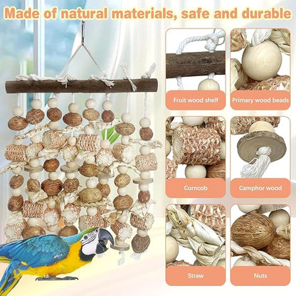 PINVNBY Large Parrot Toys Natural Nuts Corn Cob Wooden Chewing Tearing Toy for African Grey Macaws Amazon Cockatoos Eclectus Conures Cockatiels Cockatoo and Large Medium Birds (Natural)