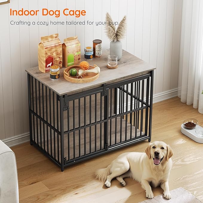 HOOBRO Dog Crate Furniture, 36.6" Heavy Duty Dog Kennel with Sliding Barn Door, Decorative Dog Crate Indoor, End Side Table for Small/Medium Dog, Greige and Black BG162GW03G1