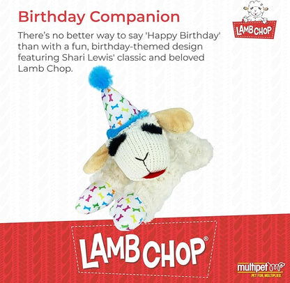 Multipet Lamb Chop Dog Plush Toy w/Birthday Hat - Squeaky Dog Toy for All Dogs - Soft Plush Dog Toy - Stuffed Animal Dog Toy for Playing - Cute Dog Birthday Toy (10.5”, Blue Hat, 5 Squeakers)